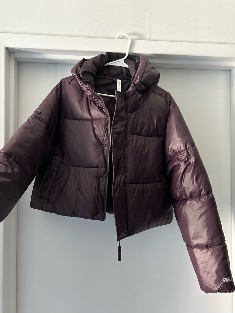Fabletics Cropped Plum Purple Puffer Jacket with Hood
